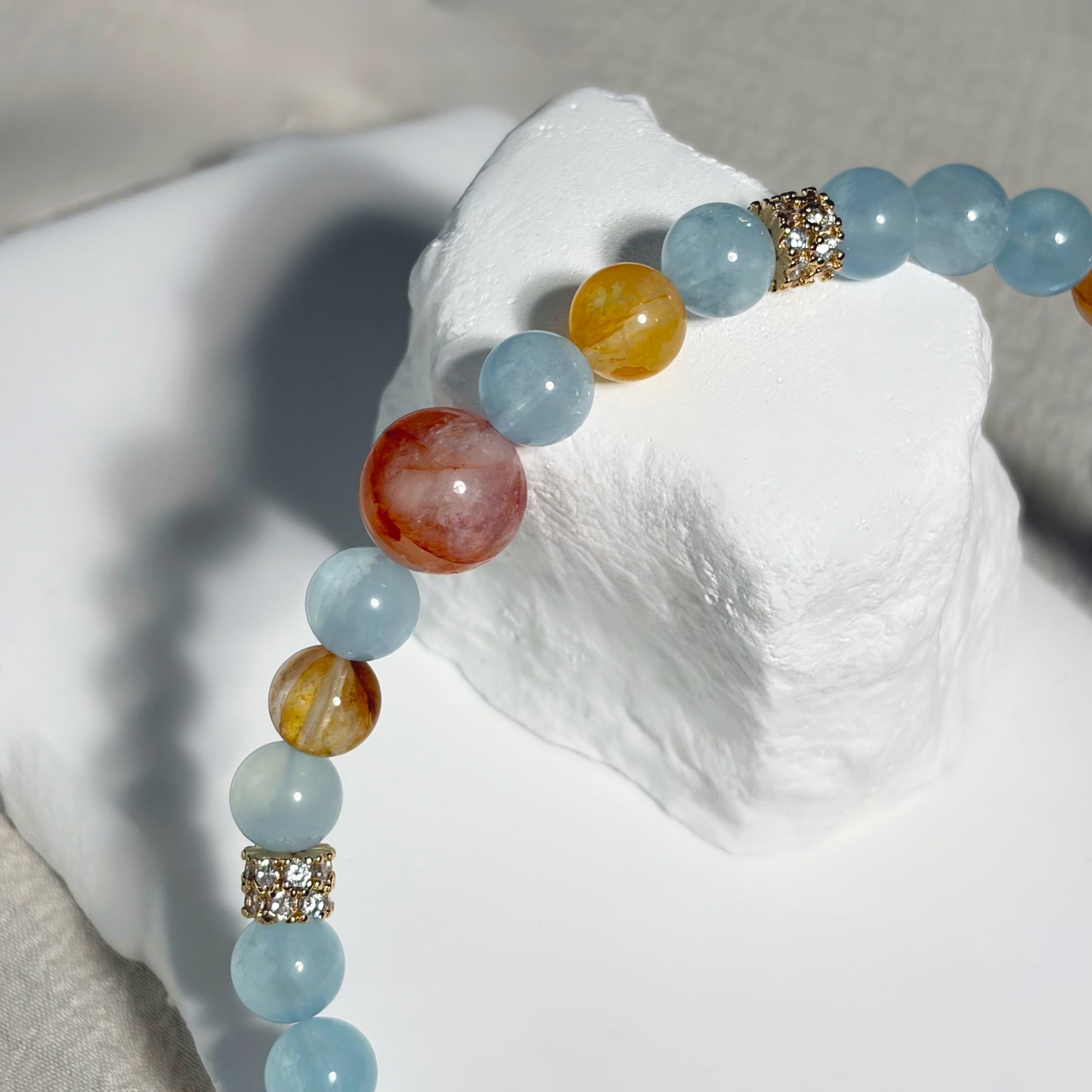 aquamarine, red phantom quartz, citrine crystal double ring bracelet
