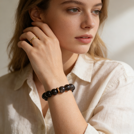 12mm citrine with silver obsidian crystal bracelet