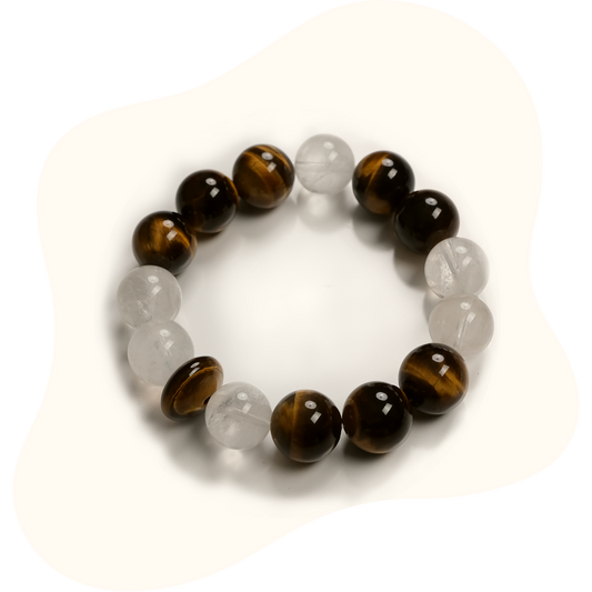 14mm Tiger’s Eye+clear quartz Beaded Bracelet – Confidence, Courage & Success