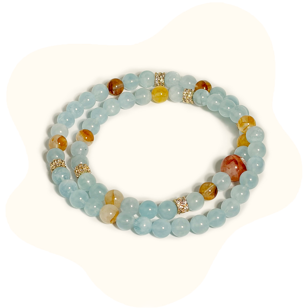 aquamarine, red phantom quartz, citrine crystal double ring bracelet