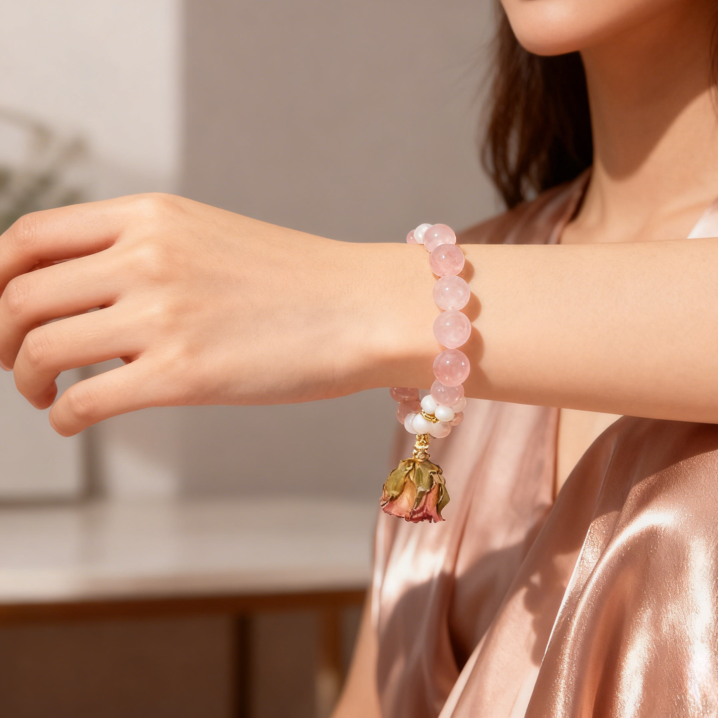 12mm Rose Quartz Healing Bracelet with dried flower – Comfort, Care & Emotional Renewal