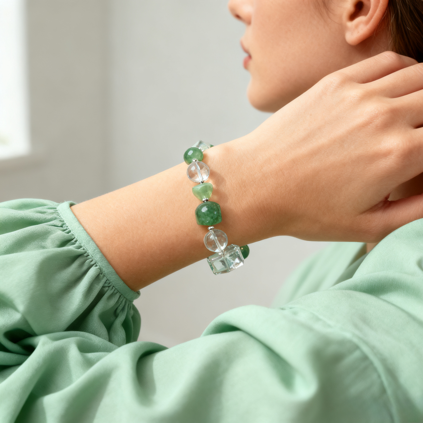 Green Aventurine & Clear Quartz Bracelet – Luck, Clarity & Positive Energy