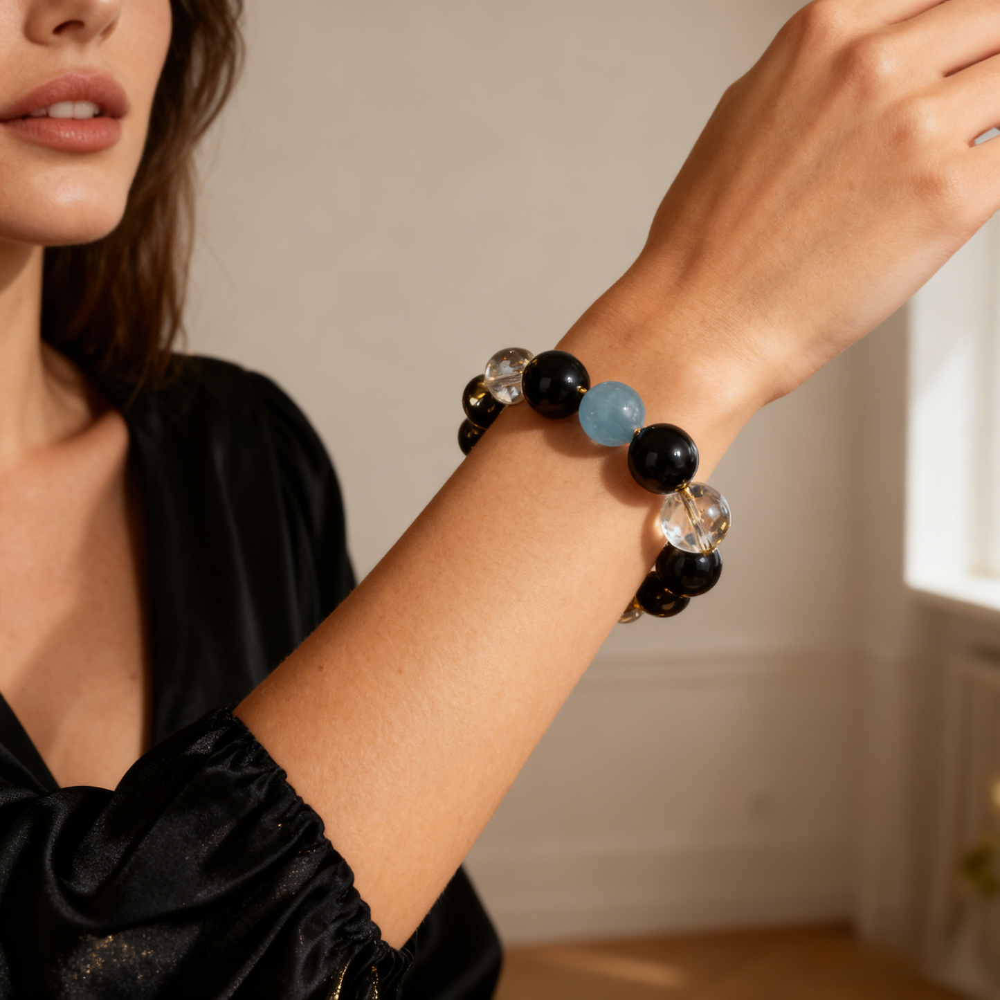 16MM Grounding & Clarity Bracelet – Black Obsidian with Clear Quartz