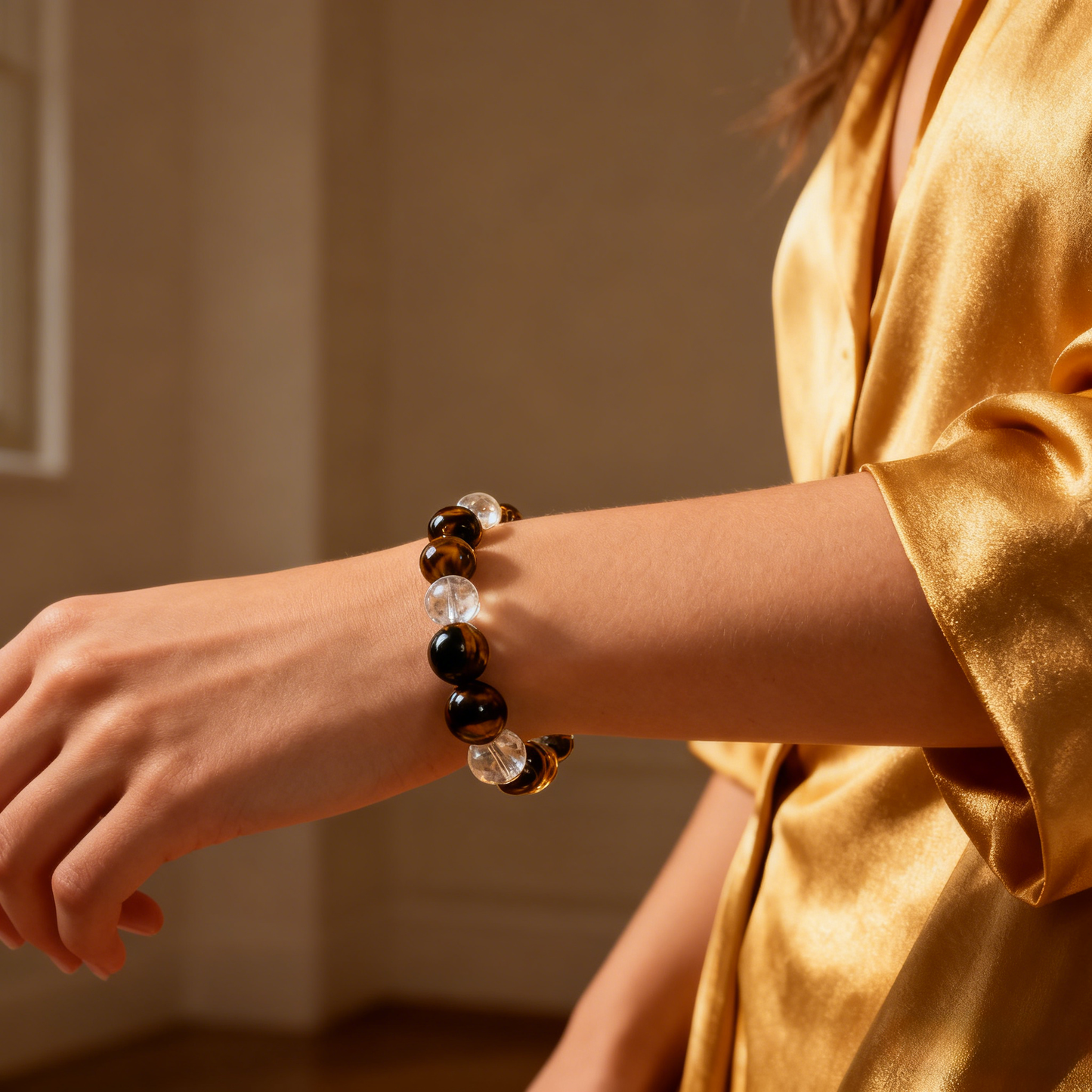 14mm Tiger’s Eye+clear quartz Beaded Bracelet – Confidence, Courage & Success