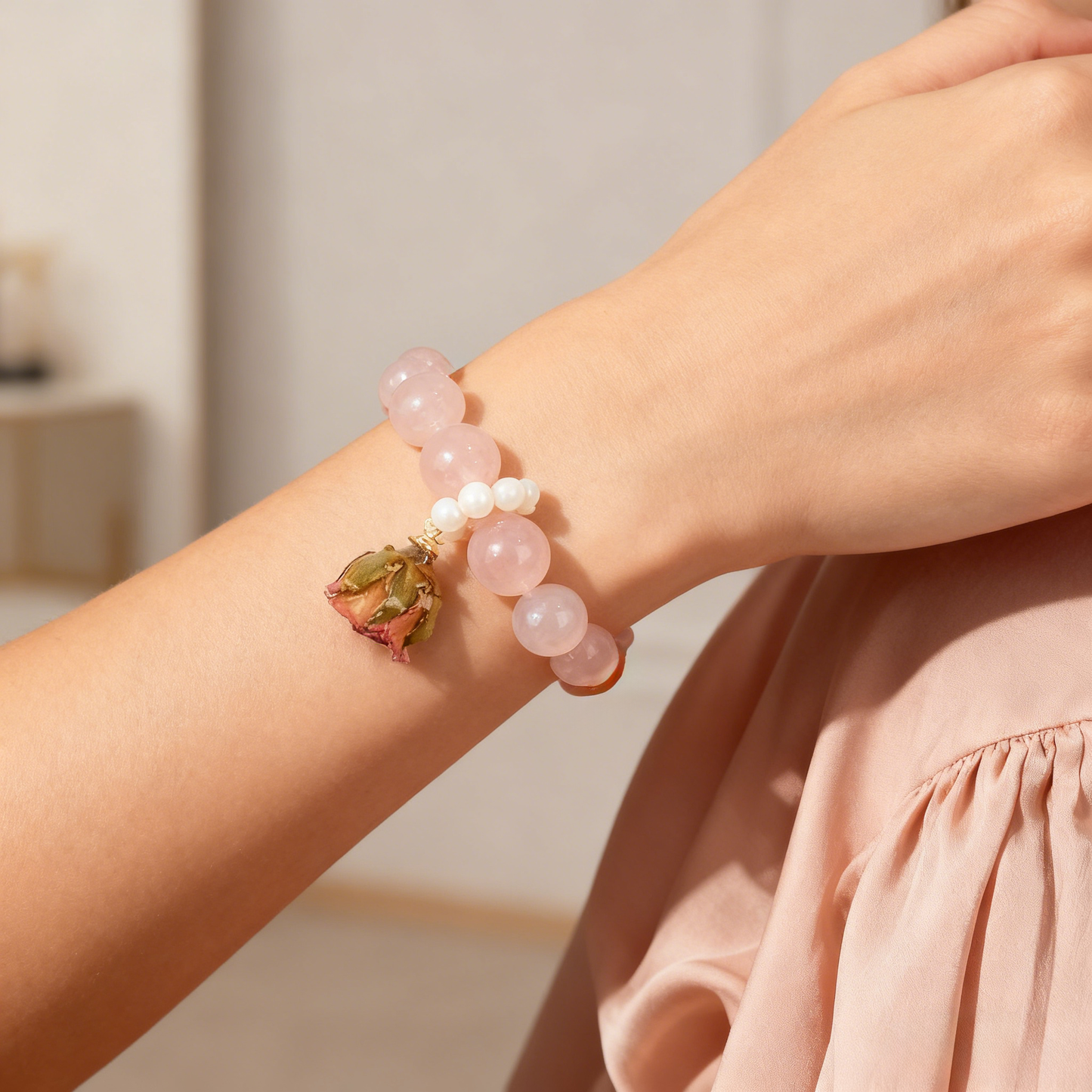 12mm Rose Quartz Healing Bracelet with dried flower – Comfort, Care & Emotional Renewal