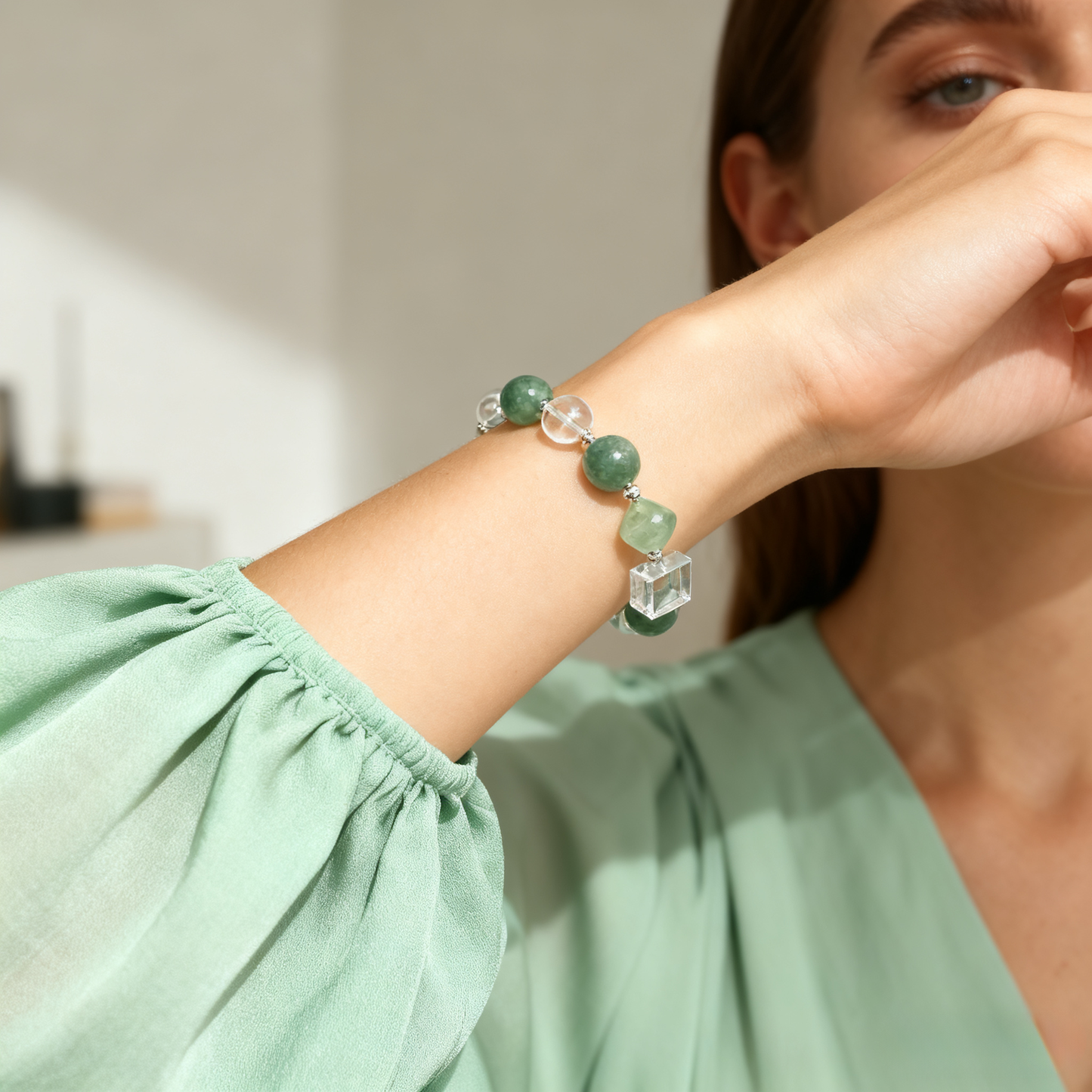 Green Aventurine & Clear Quartz Bracelet – Luck, Clarity & Positive Energy