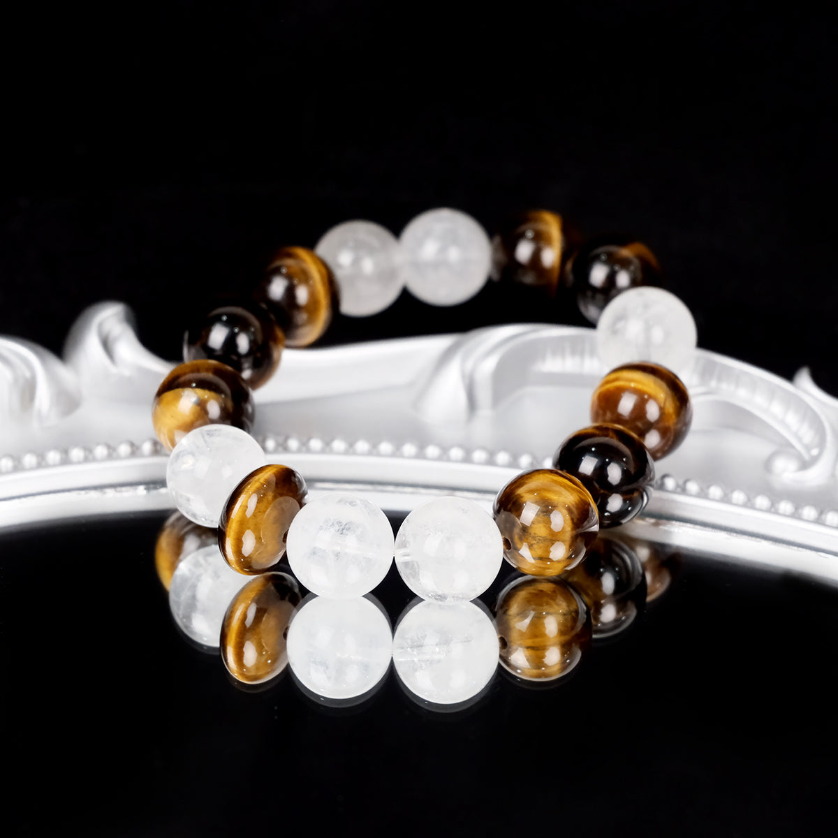 14mm Tiger’s Eye+clear quartz Beaded Bracelet – Confidence, Courage & Success