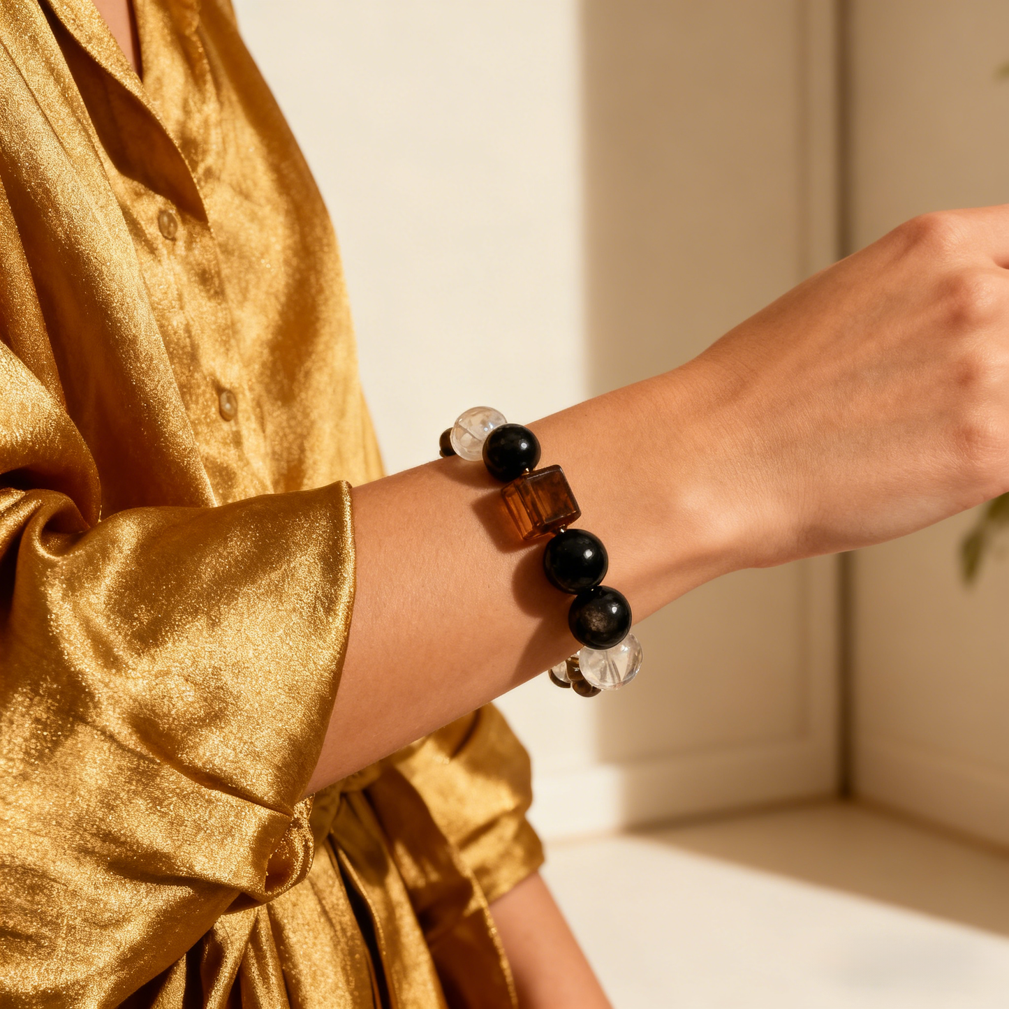 14mm Black Obsidian+Clear Quartz Protection Bracelet – Energy Shielding & Grounding