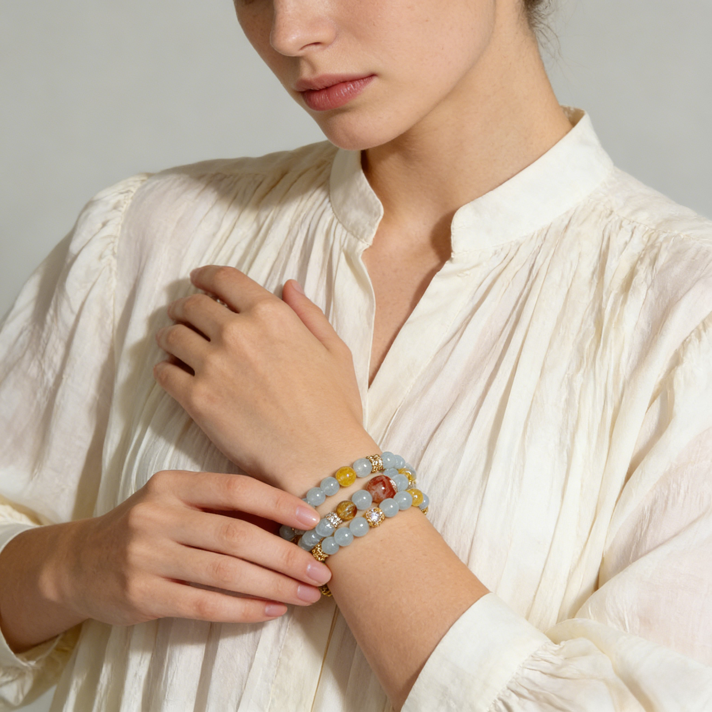 aquamarine, red phantom quartz, citrine crystal double ring bracelet