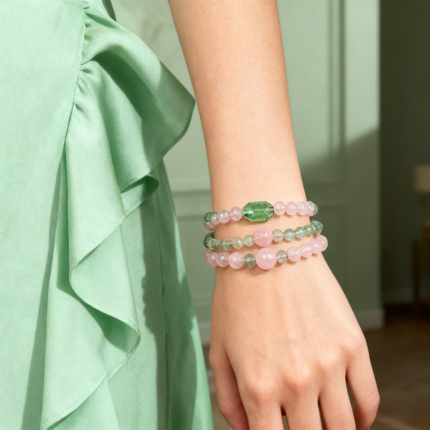 Double ring manifest Love & Luck Bracelet – Green Crystal x Pink Quartz