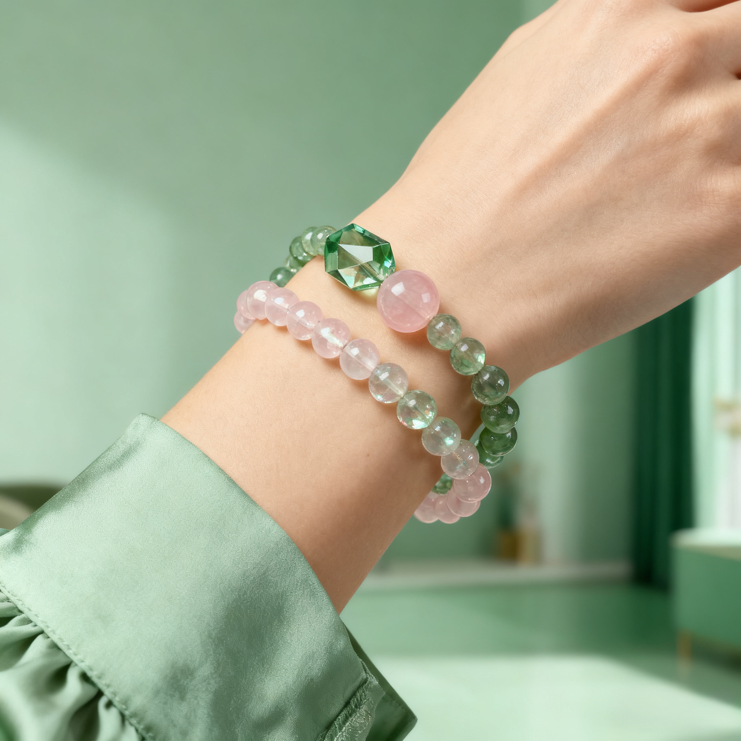Double ring manifest Love & Luck Bracelet – Green Crystal x Pink Quartz