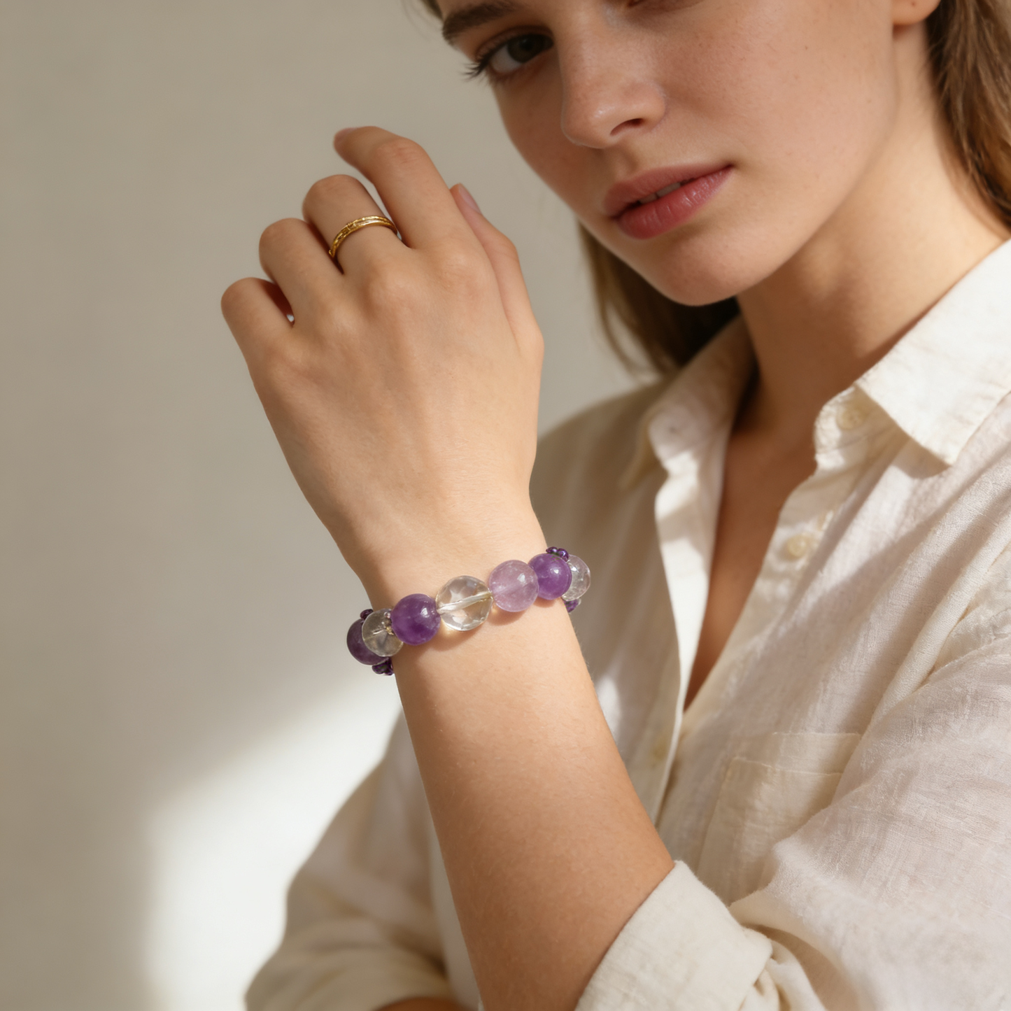 20mm Amethyst clear quartz Beaded Bracelet – Relaxation, Sleep Support & Chakra Balancing