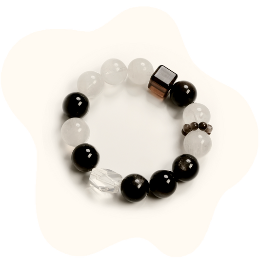 14mm Black Obsidian+Clear Quartz Protection Bracelet – Energy Shielding & Grounding