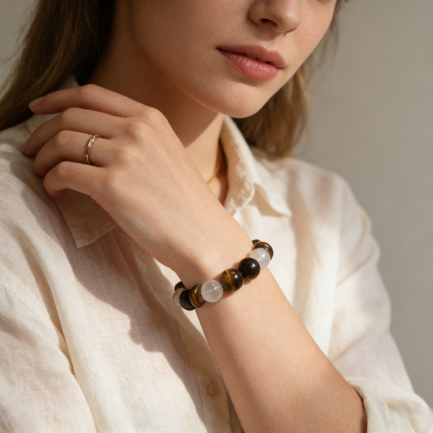 14mm Tiger’s Eye+clear quartz Beaded Bracelet – Confidence, Courage & Success