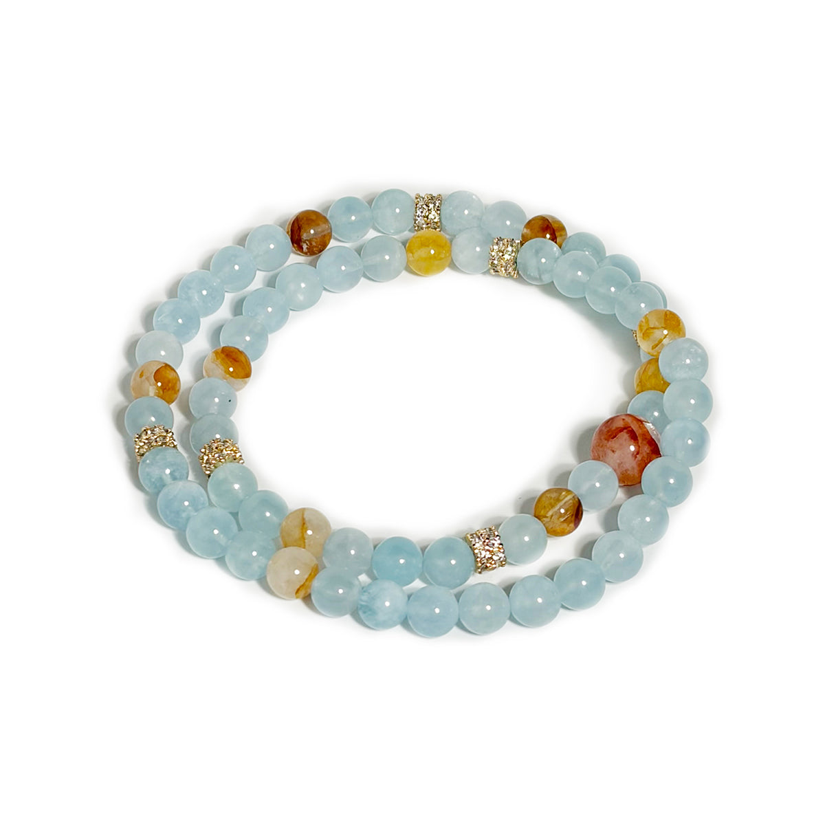 aquamarine, red phantom quartz, citrine crystal double ring bracelet