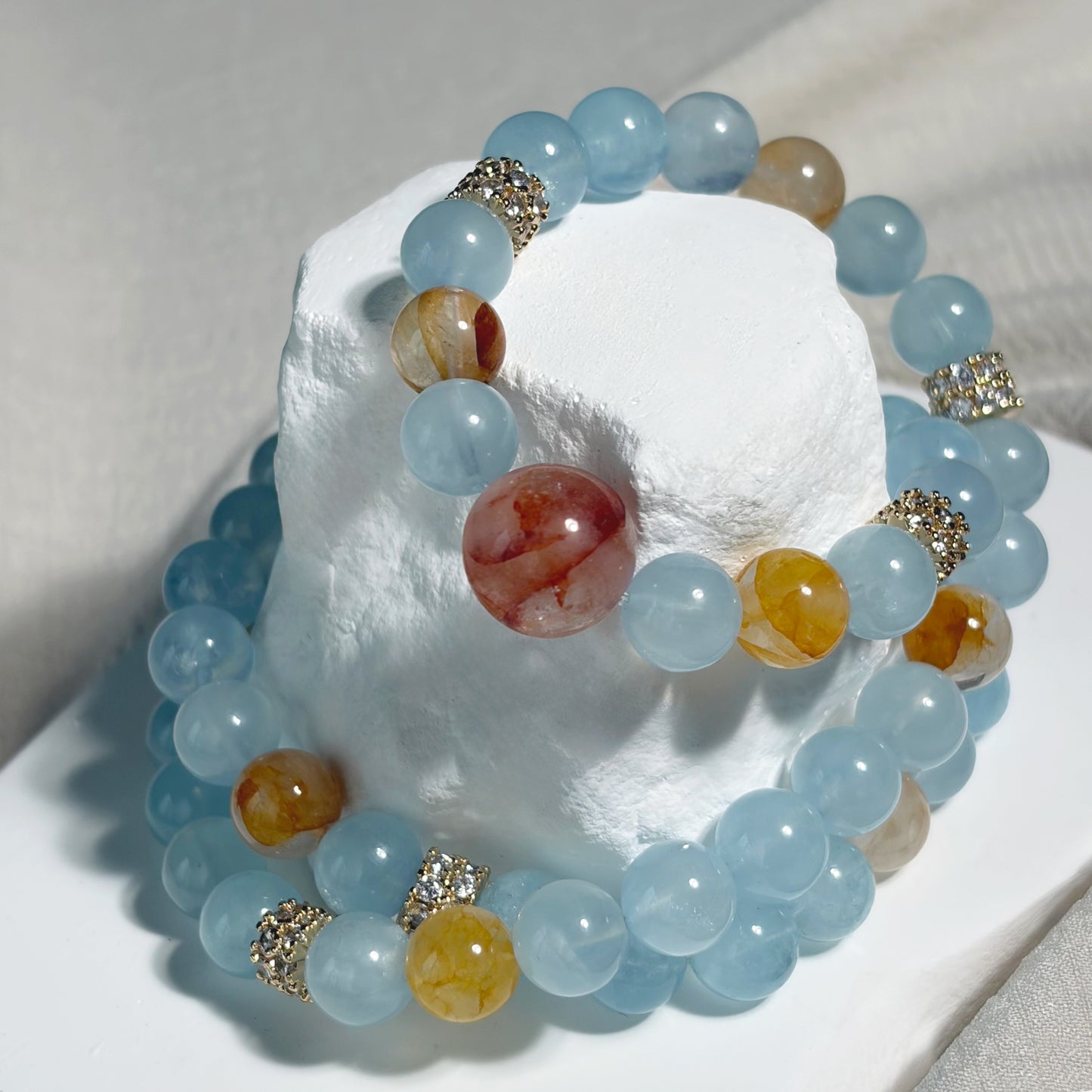 aquamarine, red phantom quartz, citrine crystal double ring bracelet