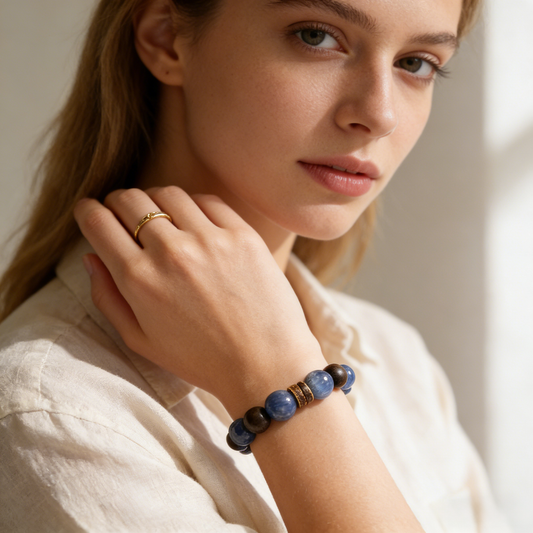 15mm aquamarine with silver obsidian crystal bracelet