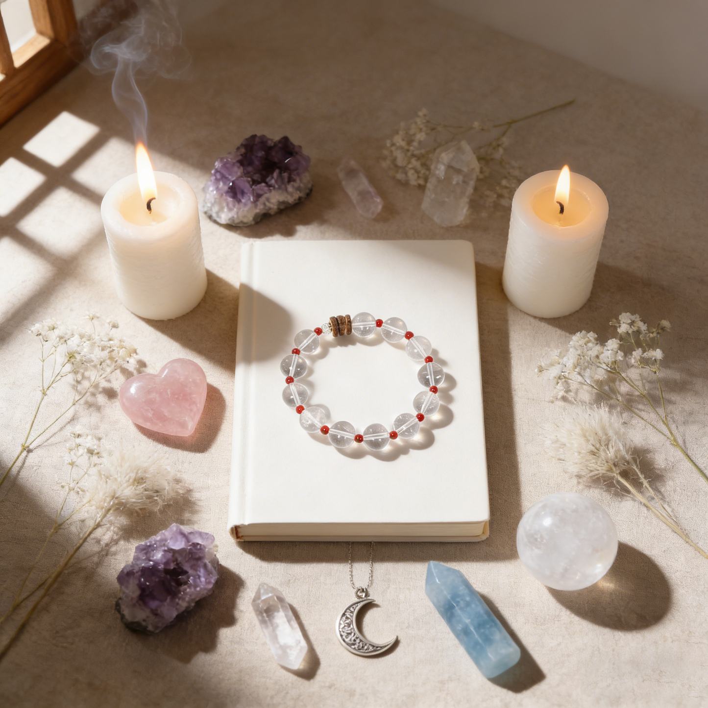 14mm clear quartz with agate crystal bracelet