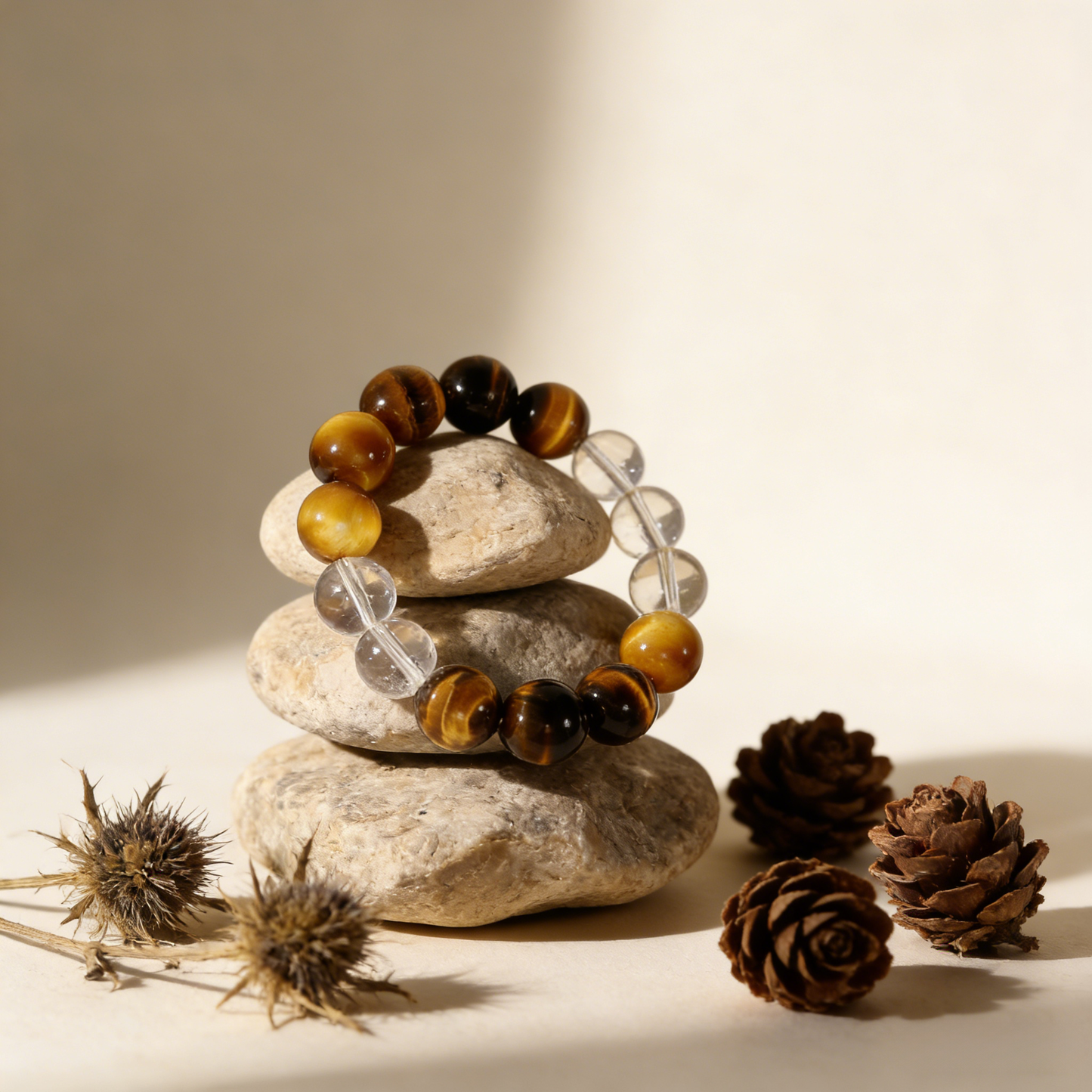14mm tiger's eye with clear quartz crystal bracelet