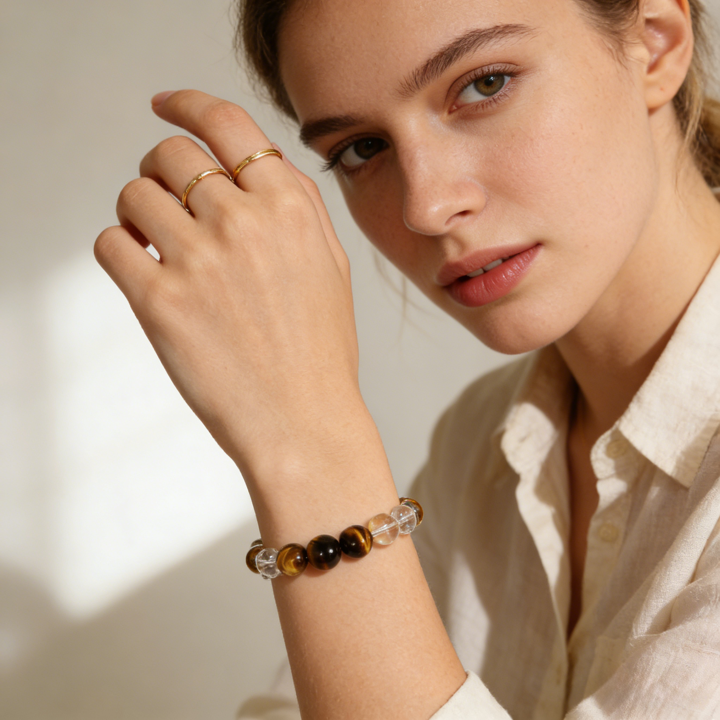 14mm tiger's eye with clear quartz crystal bracelet