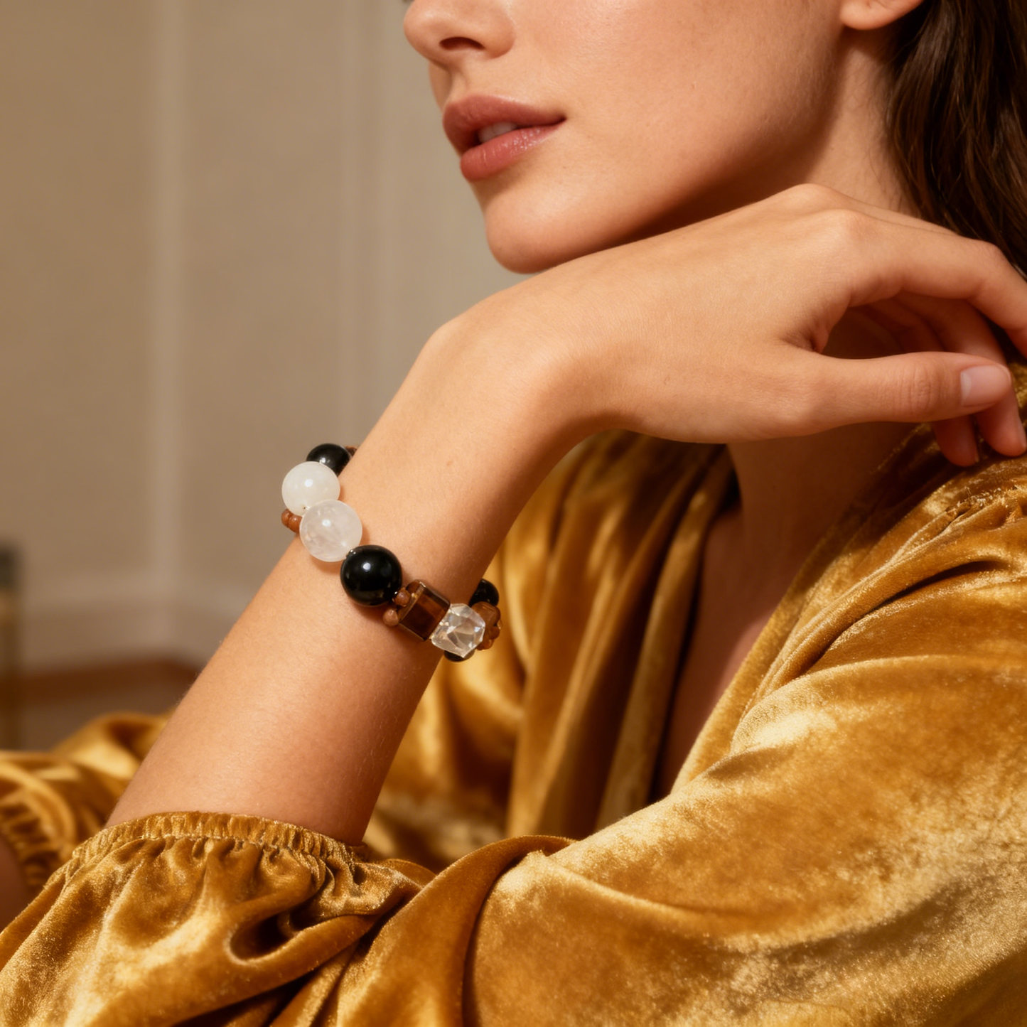 14mm Black Obsidian+Clear Quartz Protection Bracelet – Energy Shielding & Grounding